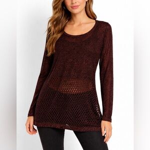 Rock & Republic Black Red Glitter Mesh Shirt Blouse long Sleeve Top XL